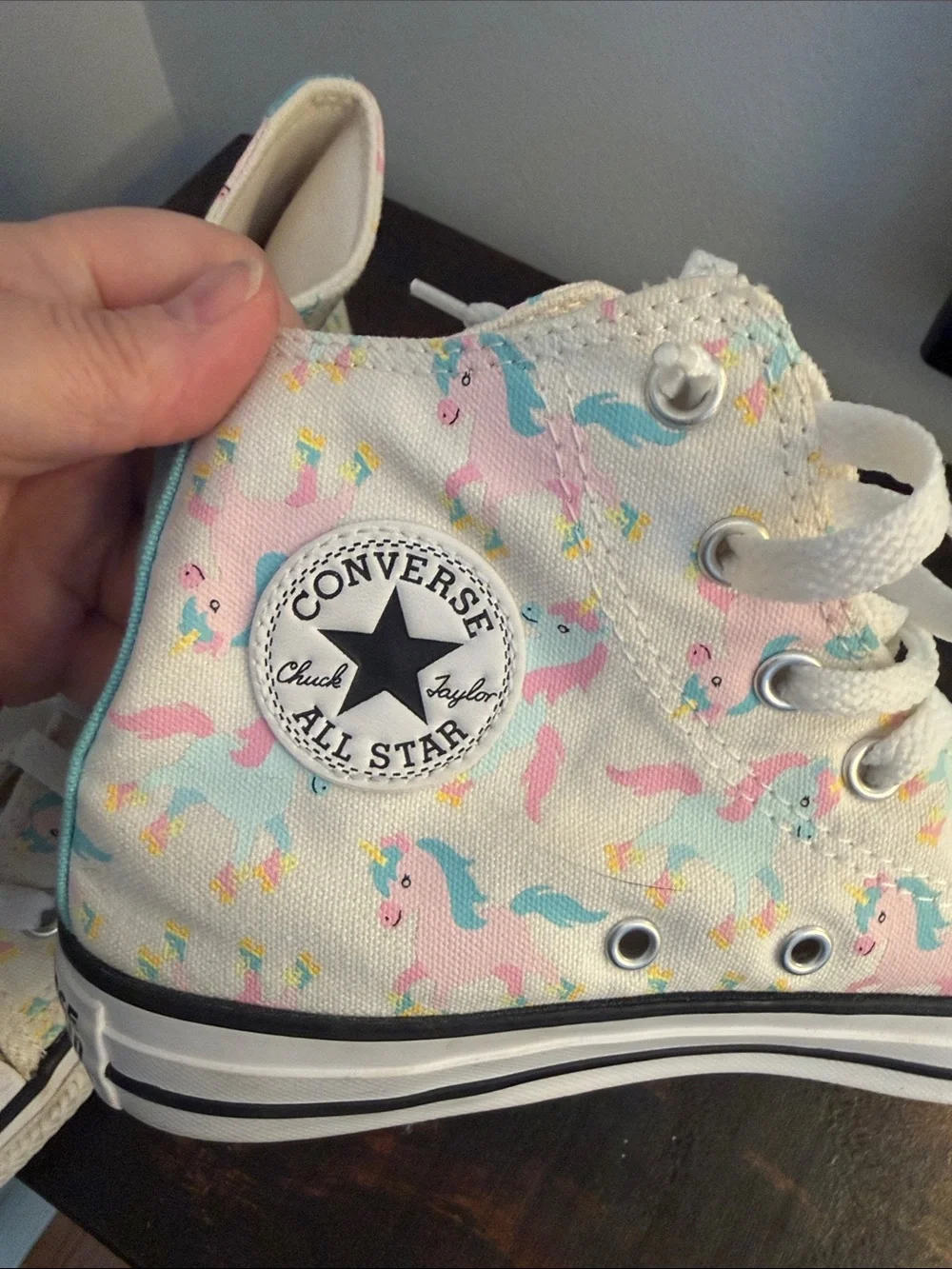 Converse Kids High-Top Sneakers in White with Pink & Teal Unicorns